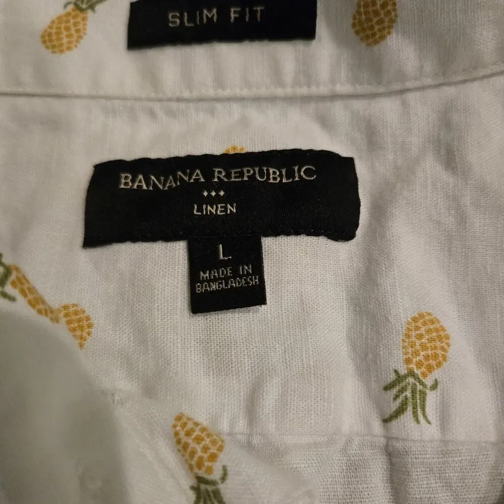 Banana Republic White Pineapple Linen Blend Slim Fit Short Sleeve Shirt Men L